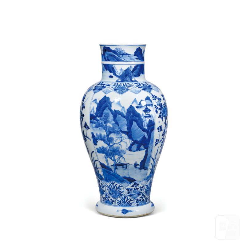 清康熙青花开光山水人物纹大观音尊 - 图1